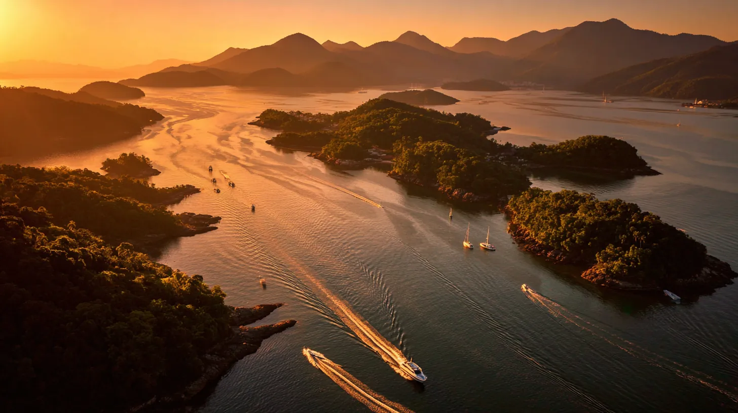 Luftaufnahme der Inseln von Angra dos Reis bei Sonnenuntergang