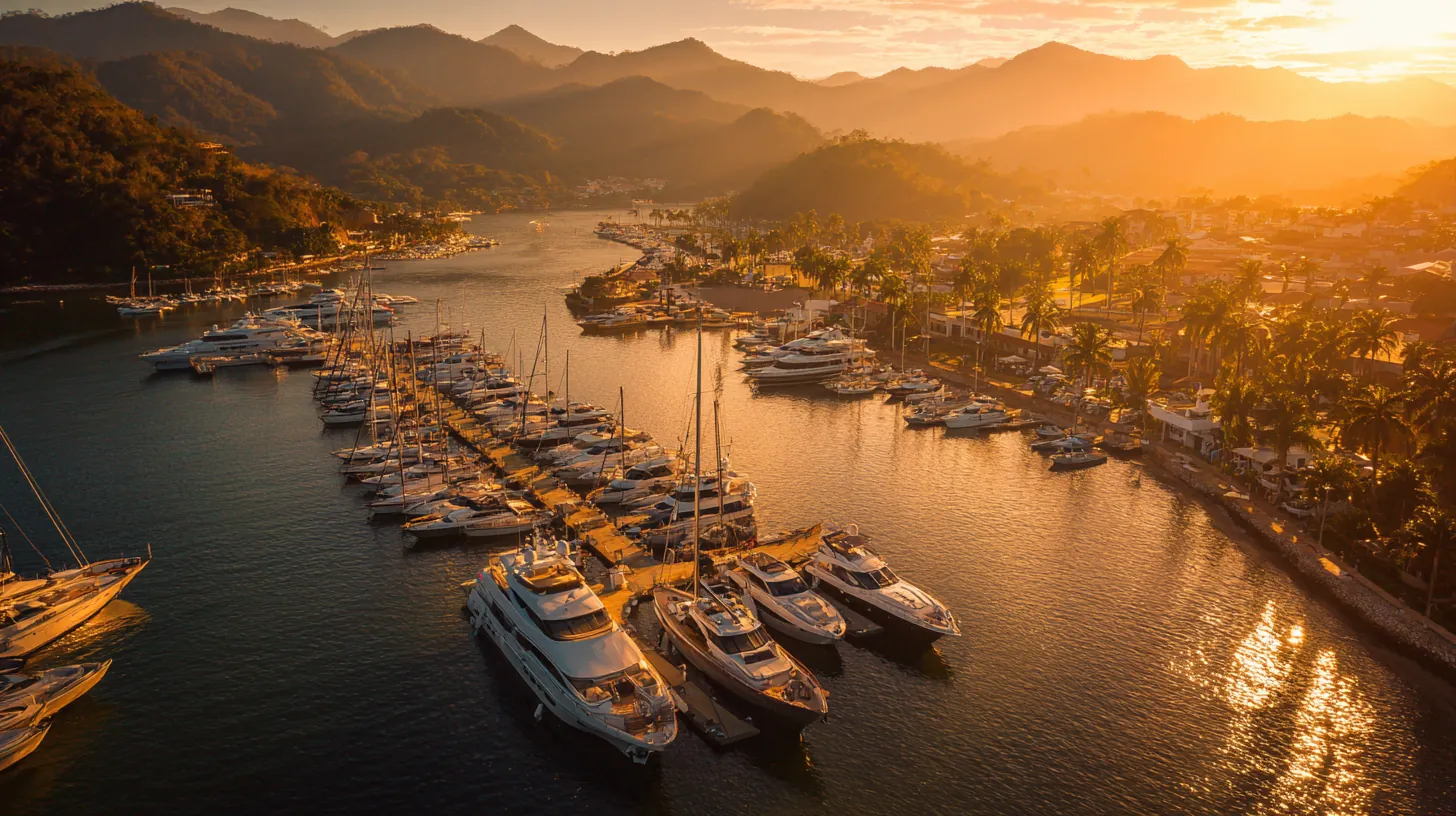 Yachten in einer Marina von Angra dos Reis bei Sonnenuntergang
