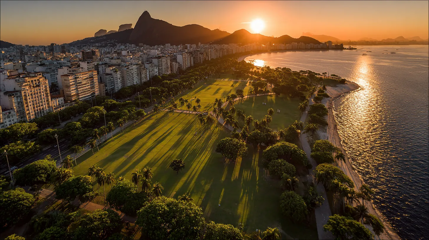 Luftaufnahme des Aterro do Flamengo bei Sonnenaufgang mit dem Corcovado am Horizont