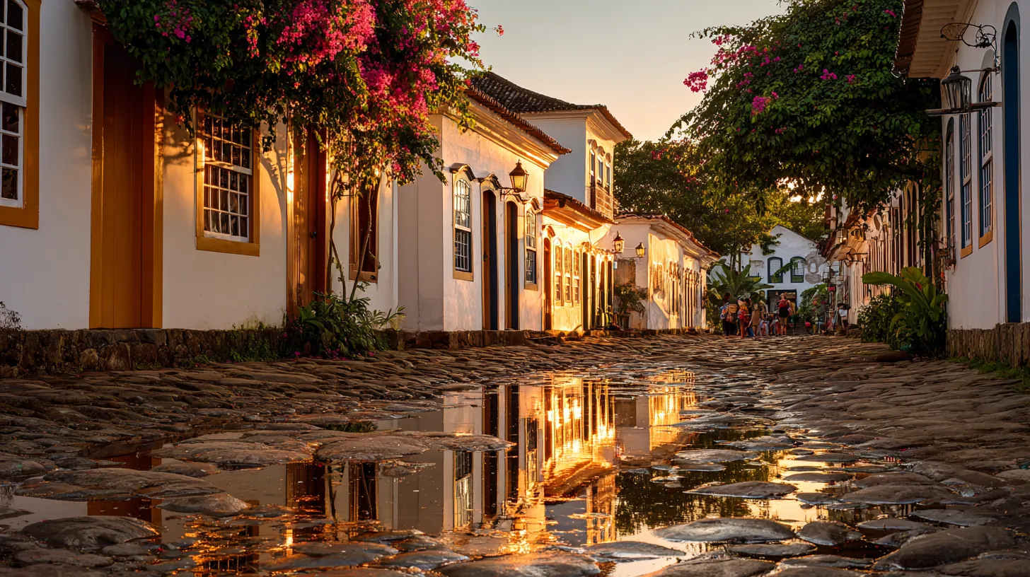 Kopfsteinpflastergasse im kolonialen Paraty zur goldenen Stunde, Bougainvillea über weißen Häusern