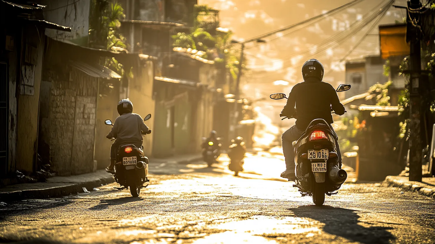 Mototaxis auf einer Straße in Vidigal im späten Nachmittagslicht
