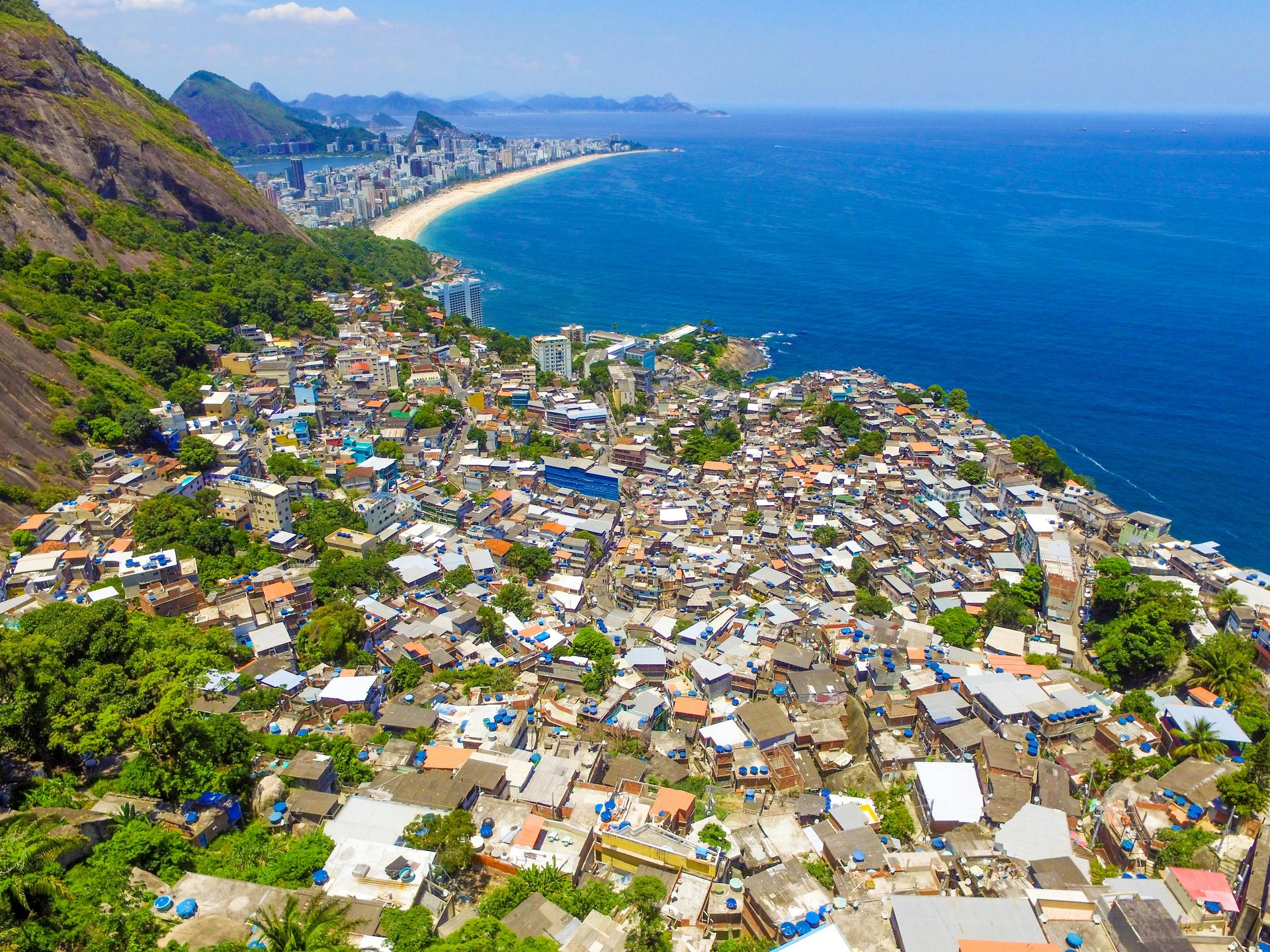 Aerial view of Vidigal with Leblon and Ipanema beaches beyond