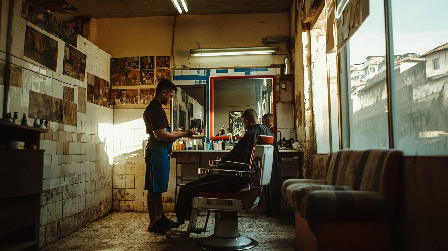 Candid street life in the lanes of Vidigal, residents and moto-taxis moving through a narrow sunlit alley