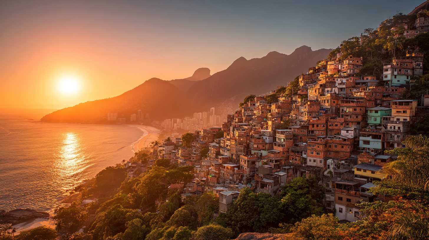 The Vidigal hillside glowing at sunset, house lights coming on across the slope above the sea