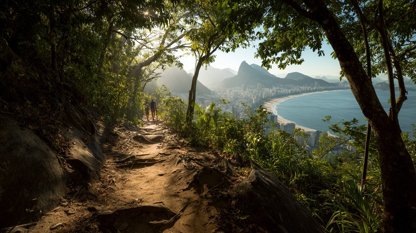 A narrow earthen trail climbing through dense Atlantic rainforest on the way up Morro Dois Irmãos above Vidigal