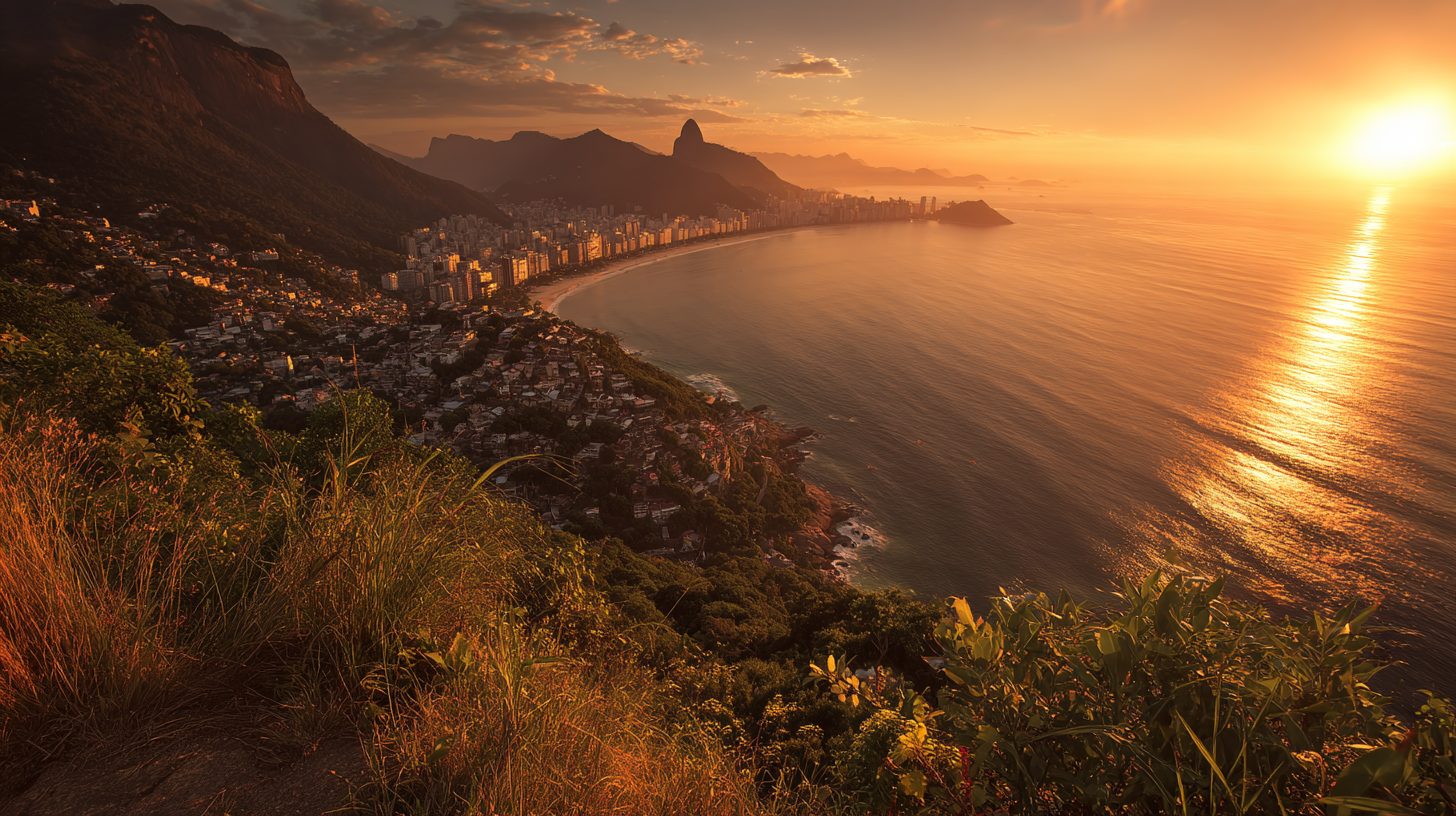 The ocean seen from the very top of Vidigal, rooftops falling away toward the water and the open Atlantic beyond