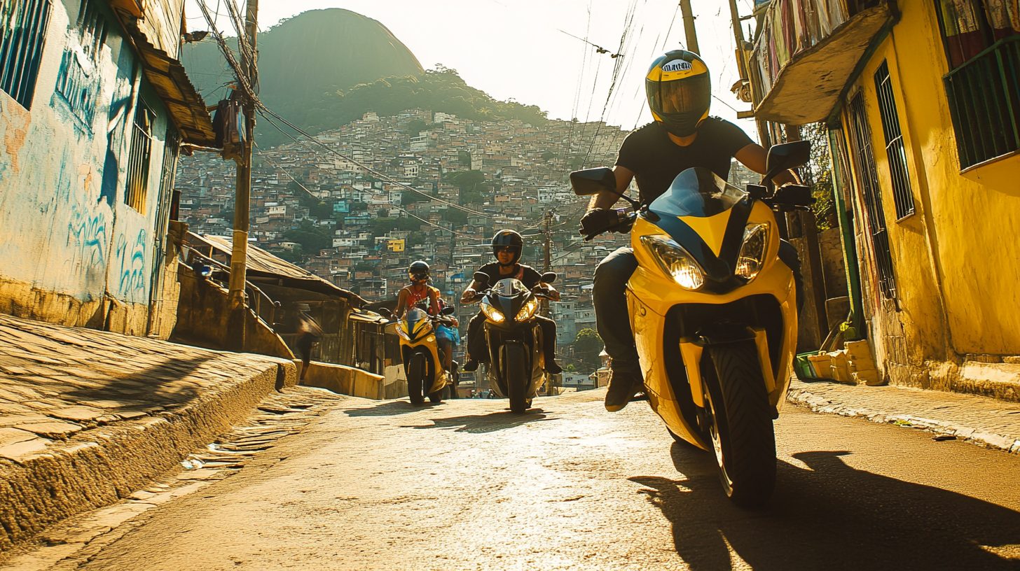 A moto-taxi climbing a steep favela lane in Vidigal, rider leaning into the incline between painted houses